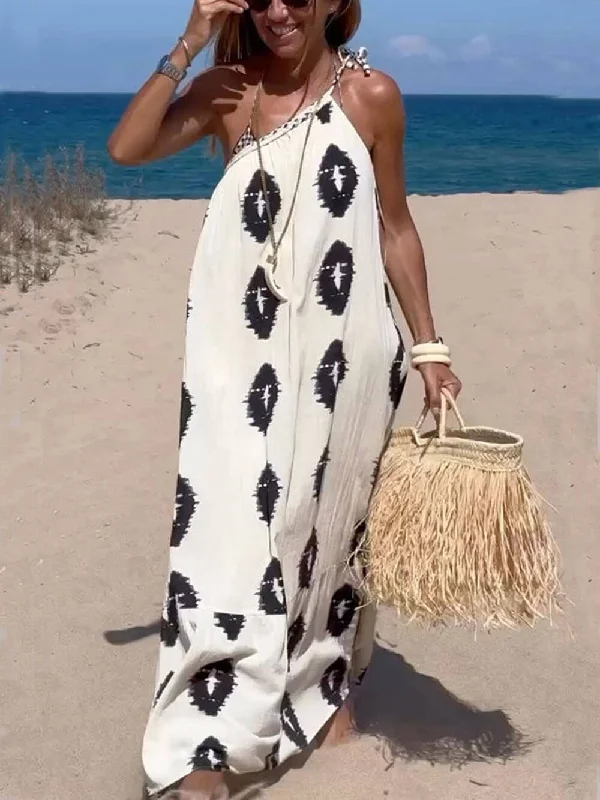 Sunshine Ethnic Print One Graceful Shoulder Loose Maxi Dress Stylish Button-Up Maxi Dress