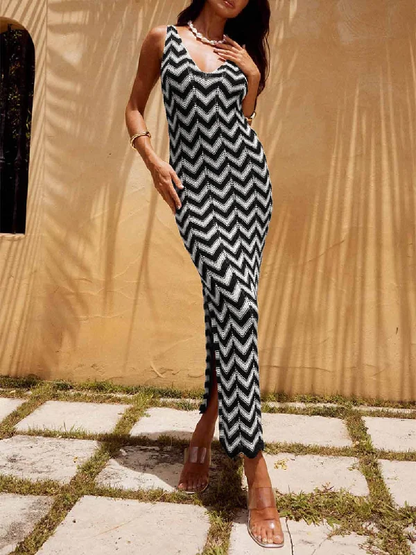 Summer V-Neck Striped Crochet Graceful Slit Sexy Maxi Dress Stylish Off-Shoulder Maxi Dress