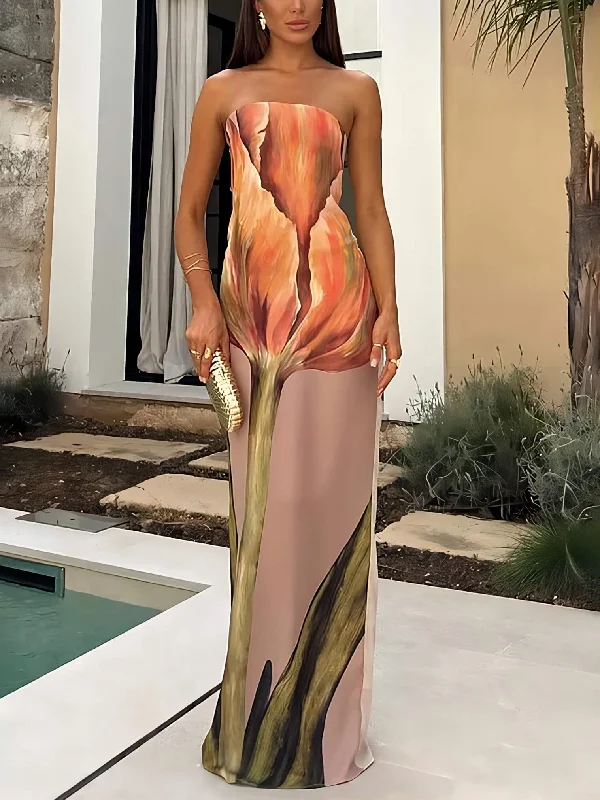 Stylish Graffiti Print Charming Sleeveless Off-Shoulder Maxi Dress Elegant Lace-Up Maxi Dress