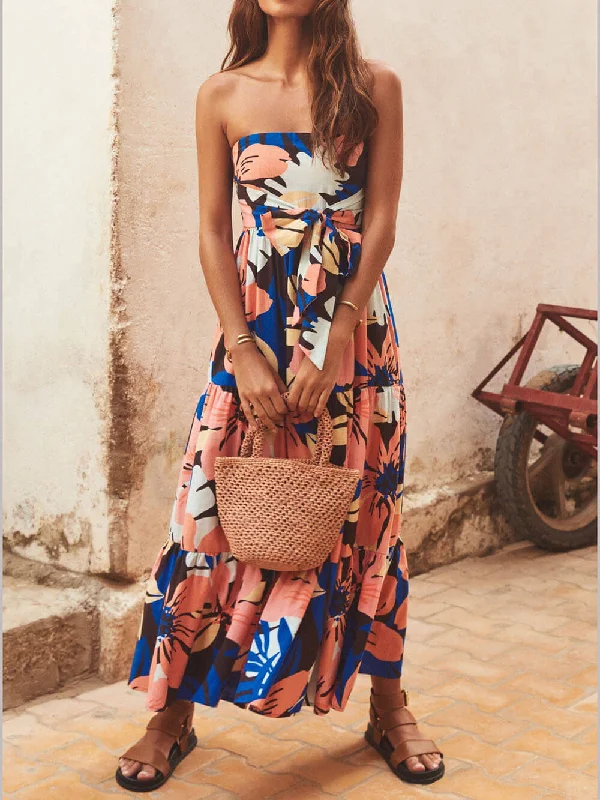 Strapless Printed Stylish Maxi Dress Stylish Maxi Dress with Frills