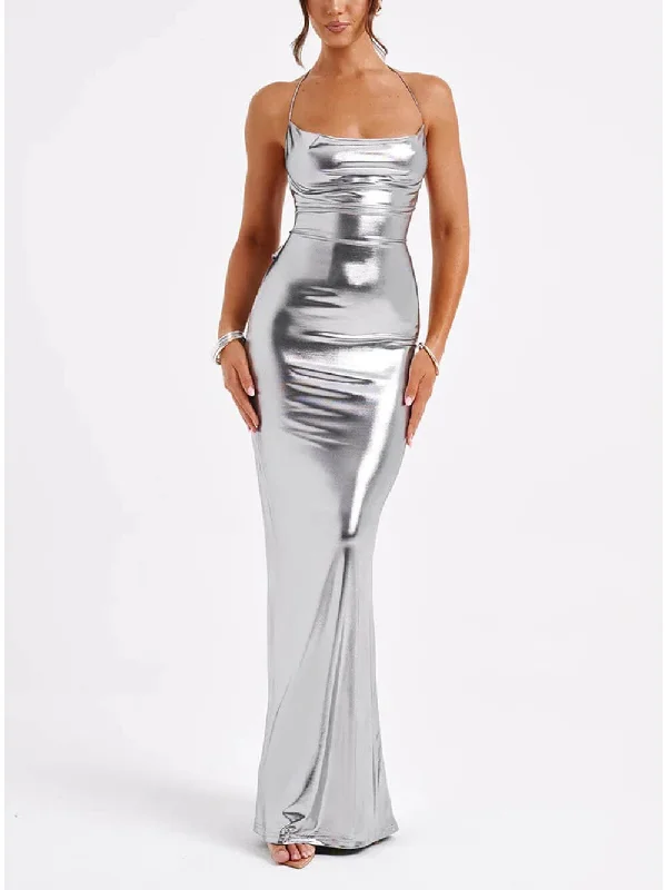 Spring Swing Collar Glossy Graceful Metallic Backless Maxi Dress Trendy Ruffled Maxi Dress