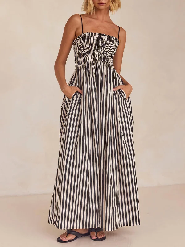 Sophistication Unique Stripe Charming Pleated Maxi Dress Trendy Fit-and-Flare Maxi Dress