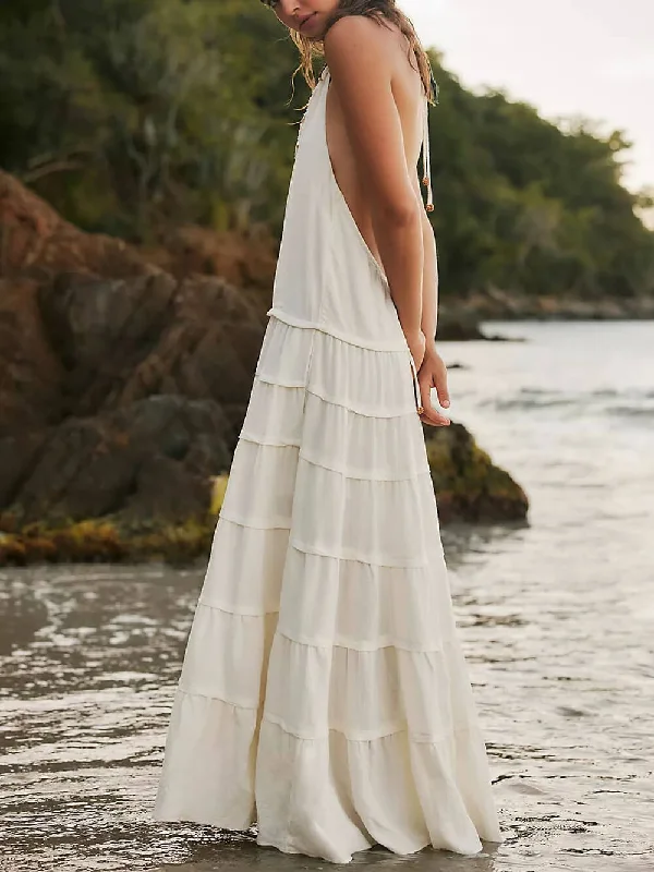 Somewhere Sunny Strappy Hanging Graceful Neck Drop-Waist Maxi Dress Fashionable Chiffon Tiered Maxi Dress