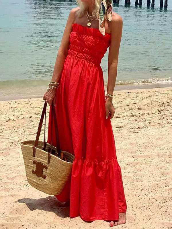 Smocked Bust Off Charming Shoulder Vacation Maxi Dress Comfortable Ruffle Hem Maxi Dress