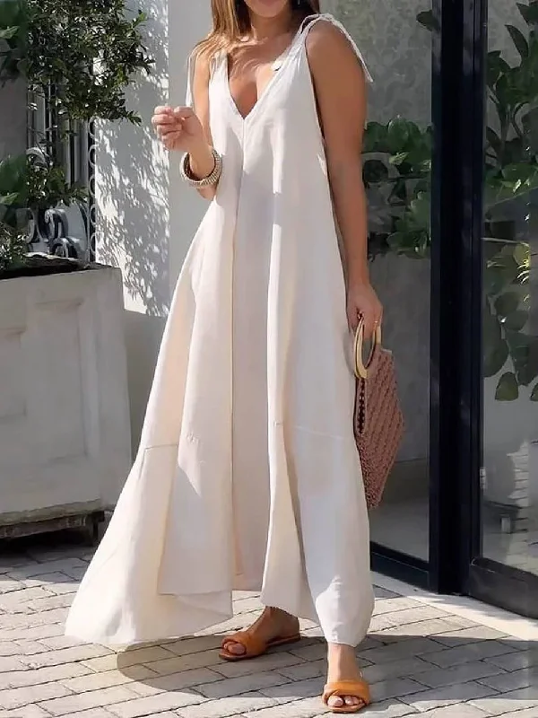 Large Hem Solid Color Graceful Sleeveless V-Neck Strap Maxi Dress Fashionable Maxi Dress with Fringe