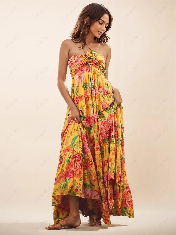 Hanging Neck Printed Floral Graceful Design Backless Straight Maxi Dress Comfortable Maxi Dress with Belt