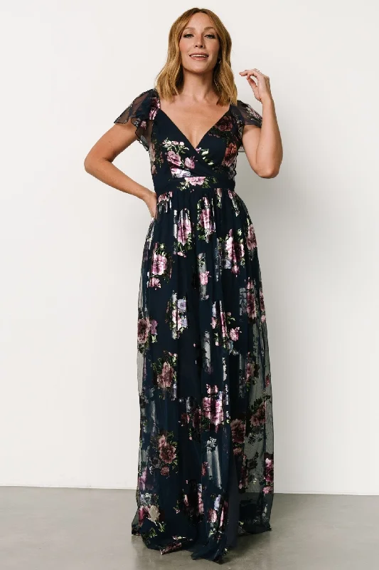 Devany Maxi Dress | Navy Multi Trendy V-Neck Maxi Dress