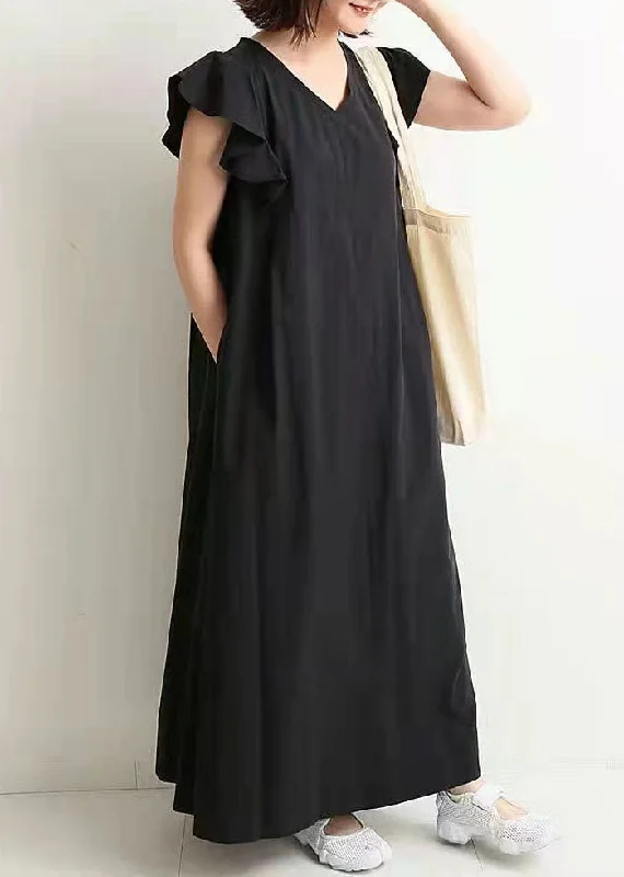 Elegant Black V Neck Patchwork Ruffled Cotton Maxi Dresses Summer Cozy Ribbed Maxi Dress