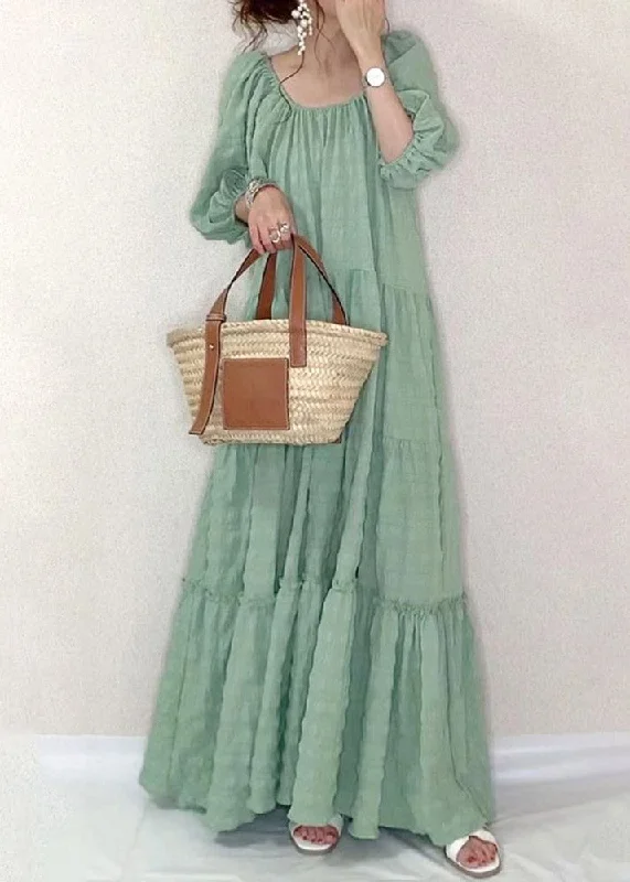 Elegant Light Green O-Neck Patchwork Wrinkled Maxi Dresses Puff Sleeve Comfortable Long-Sleeve Maxi Dress