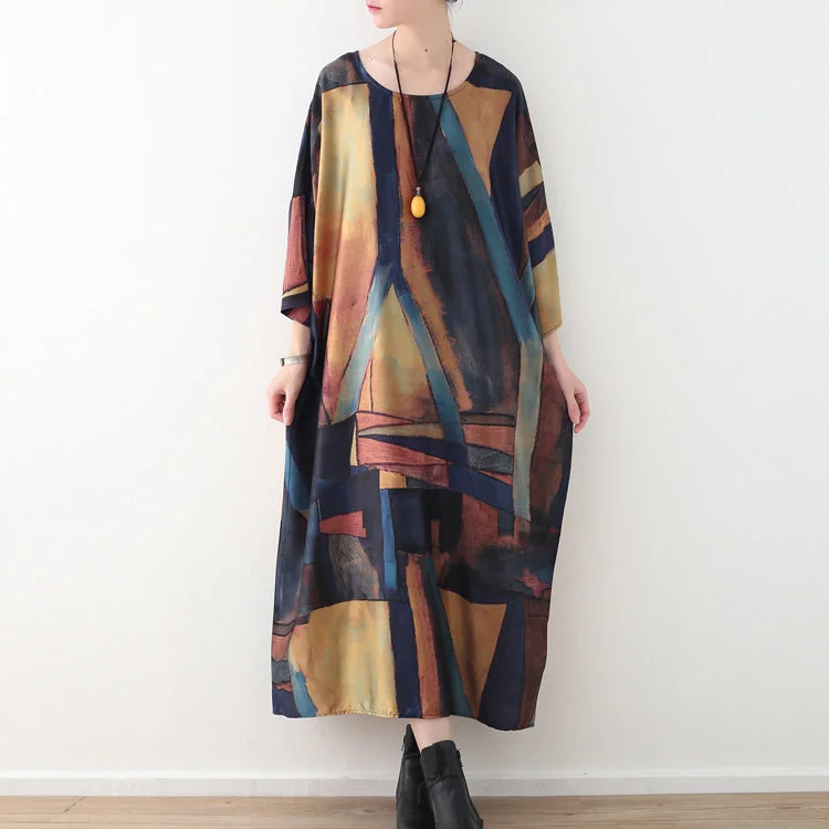 Elegant yellow blue prints chiffon maxi dress Loose fitting o neck chiffon maxi dress women half sleeve caftans Cozy Knitted Maxi Dress