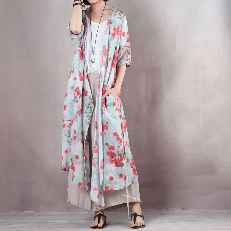 fashion red floral linen caftans casual v neck linen maxi dress Fine half sleeve tie waist caftans Trendy Button Front Maxi Dress