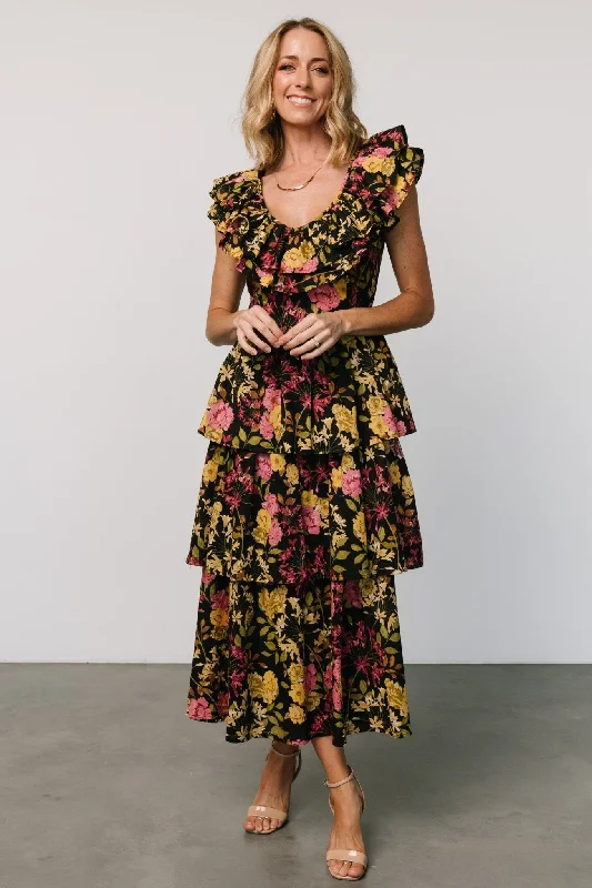 Francesca Tiered Maxi Dress | Black Floral Comfortable Plunging Neckline Maxi Dress