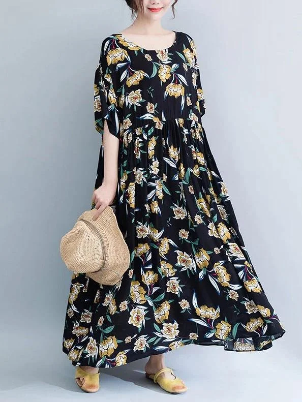 French o neck Cinched chiffon Tunics Runway black print Maxi Dresses Stylish Maxi Dress with Frills