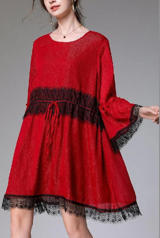 Handmade Red Patchwork Chiffon flare sleeve Summer Mini Dresses Cozy Ruched Mini Dress