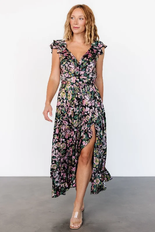 Harlow Satin Maxi Dress | Black Multi Comfortable Flowy Maxi Dress