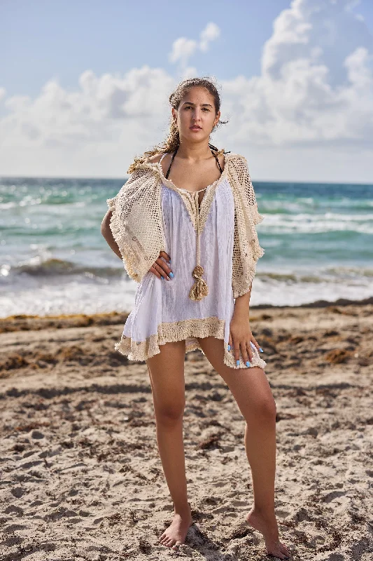 18-294 Ivory mini dress with Tassel Cozy T-Shirt Mini Dress