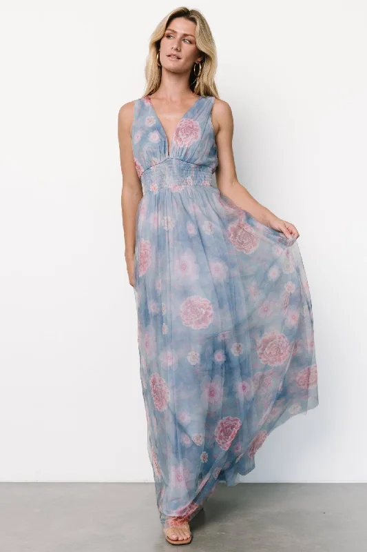 Kamila Tulle Maxi Dress | Light Blue + Pink Floral Cozy Ribbed Maxi Dress