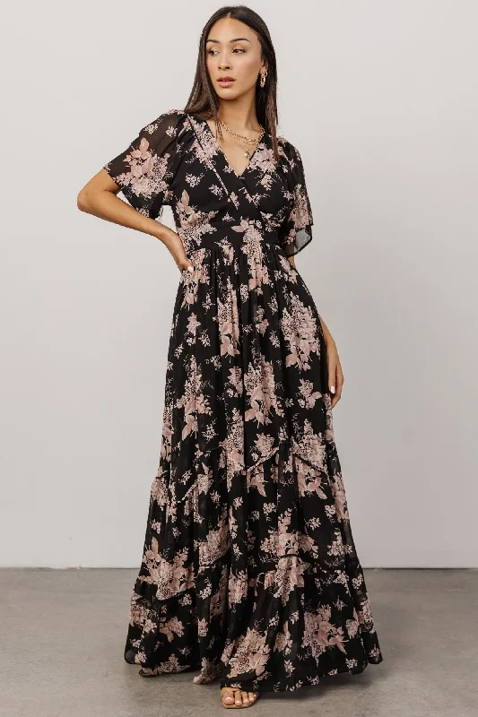 Katherine Maxi Dress | Black + Blush Floral Comfortable Satin Maxi Dress