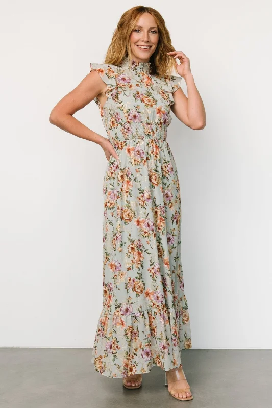 Kearny Ruffle Maxi Dress | Light Blue Floral + Gold Stylish V-Neck Maxi Dress