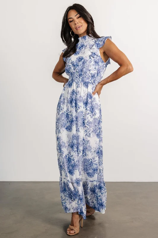 Kearny Ruffle Maxi Dress | White + Blue Floral Elegant Maxi Dress with Lace