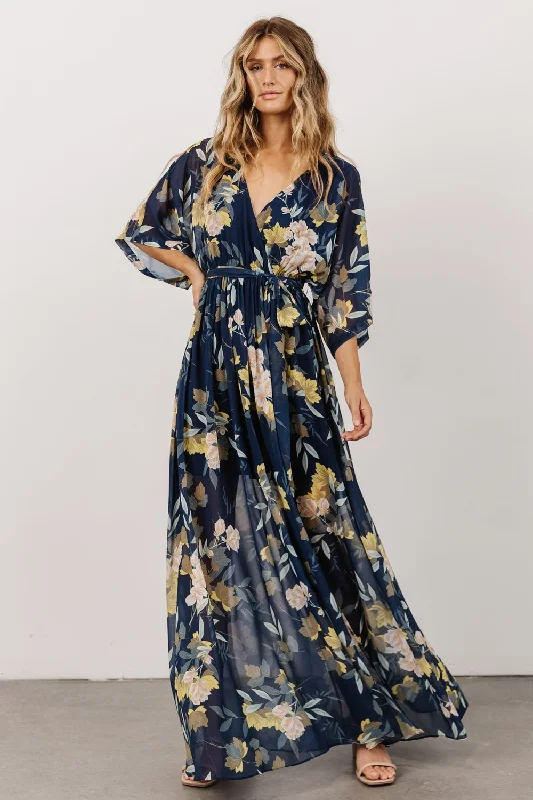 Kia Kimono Maxi Dress | Navy Floral Chic Button-Up Maxi Dress