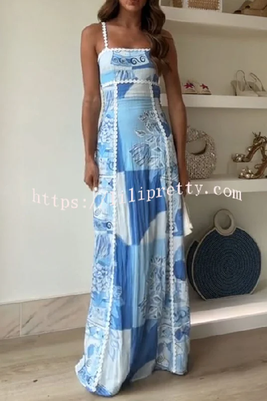 Terazza Ric Rac Trims Unique Print Back Tie-up Slip Flared Maxi Dress Stylish Off-Shoulder Maxi Dress