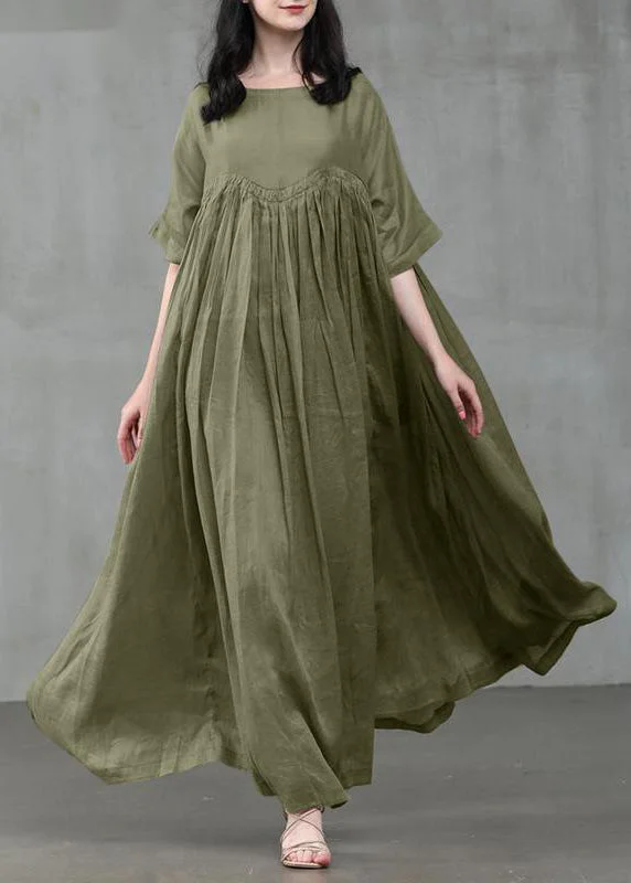 Loose Green Patchwork Wrinkled Linen Maxi Dress Short Sleeve Elegant Pleated Maxi Dress