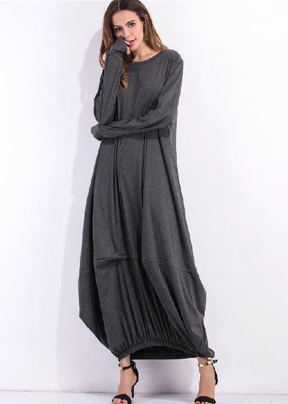 Loose Grey O Neck Asymmetrical Design Cotton Maxi Dress Spring Stylish Pleated A-Line Maxi Dress