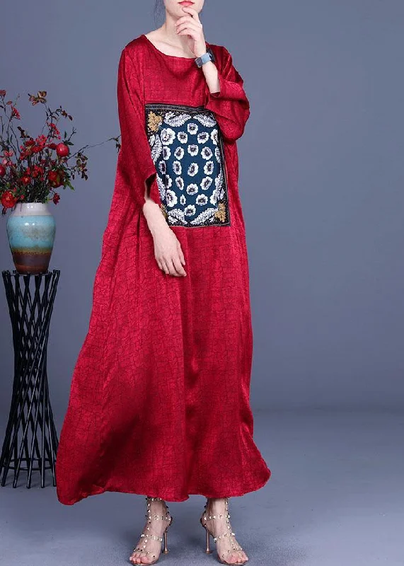 Loose Red Patchwork Print Dress Loose Silk Summer Maxi Dress Fashionable Asymmetrical Maxi Dress