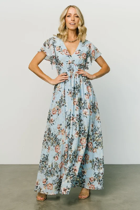 Lynlee Metallic Maxi Dress | Light Blue Stylish Button-Up Maxi Dress