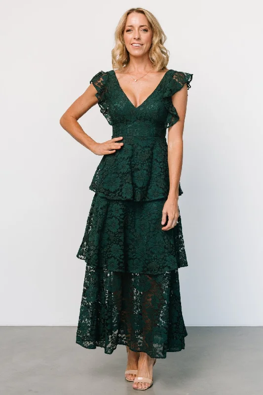 Margot Lace Tiered Maxi Dress | Deep Emerald Elegant Tiered Maxi Dress