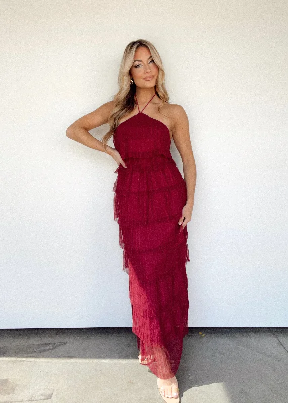 Merlot Melody Maxi Dress Trendy Off-Shoulder Ruffle Maxi Dress