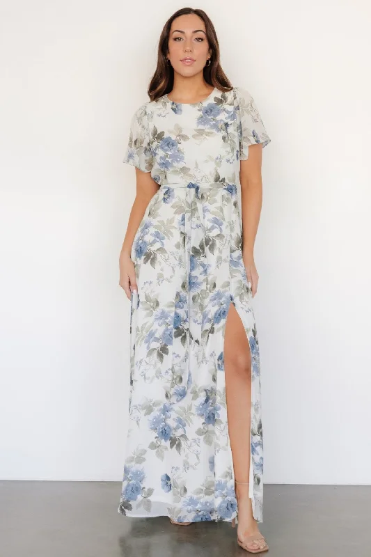 Naomi Short Sleeve Maxi Dress | Dusty Blue Floral Elegant Floral Maxi Dress