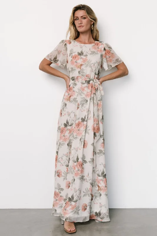 Naomi Short Sleeve Maxi Dress | Ivory + Coral Floral Trendy Maxi Dress with Straps