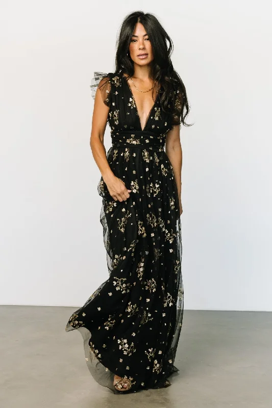 Natalia Floral Embellished Maxi Dress | Black + Gold Trendy Maxi Dress with Straps