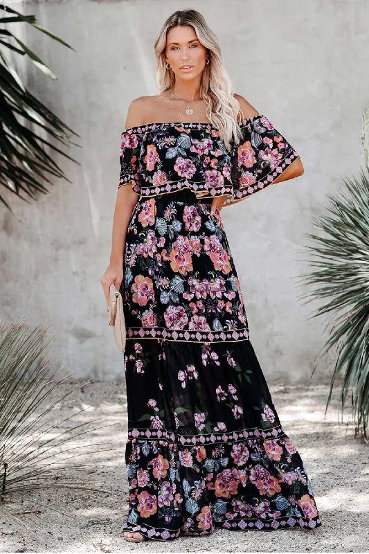 TastyHottie - Off Shoulder Floral Print Tiered Maxi Dress Trendy Printed Maxi Dress