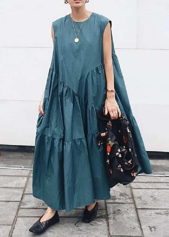 Organic Blue O Neck Wrinkled Patchwork Cotton Maxi Dresses Sleeveless Elegant Lace-Up Maxi Dress