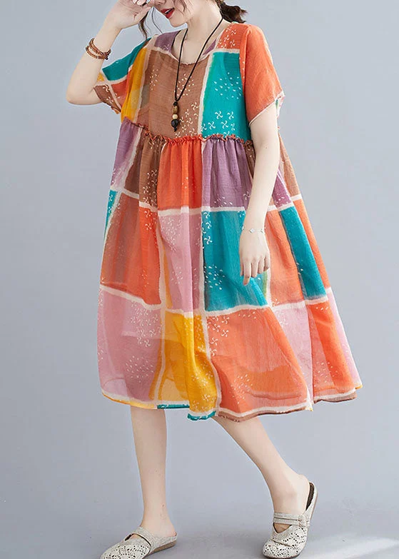 Organic Colorblock Block Print Ruffled Linen Maxi Dress Short Sleeve Fashionable Sleeveless Maxi Dress