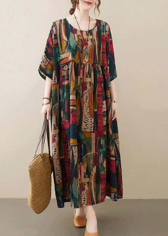 Retro O-Neck Print Party Maxi Dress Half Sleeve Cozy Knitted Maxi Dress