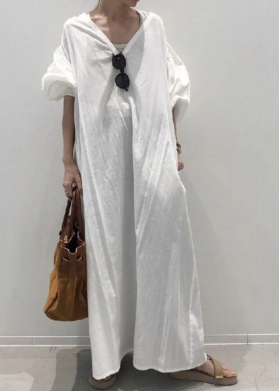 Retro White V Neck Solid Cozy Cotton Maxi Dress Long Sleeve Fashionable Button-Down Maxi Dress