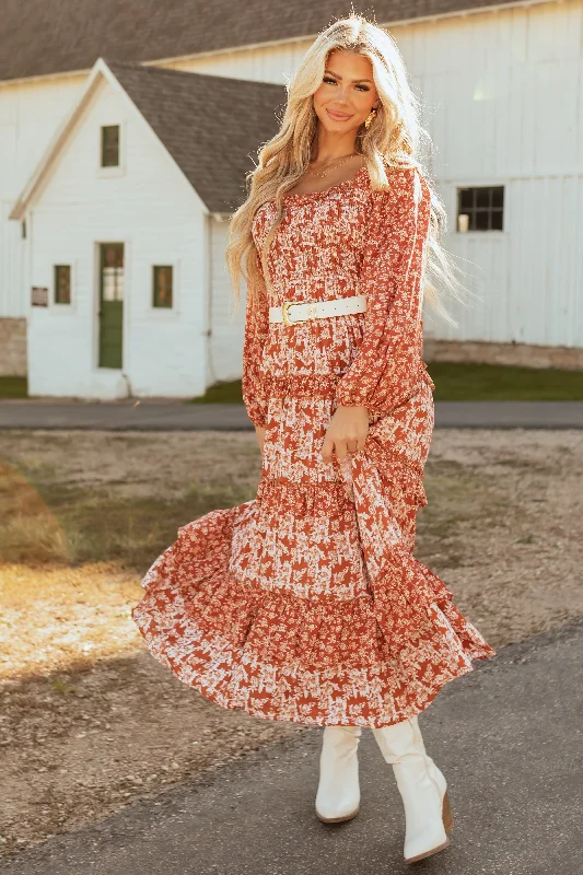 Rust Floral Print Tiered Ruffle Maxi Dress Comfortable Bohemian Maxi Dress