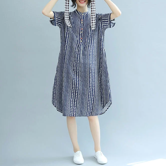 stylish blue floral Midi-length cotton dress plus size clothing cotton maxi dress Fine short sleeve pockets Stand baggy dresses Classic V-Neck Maxi Dress