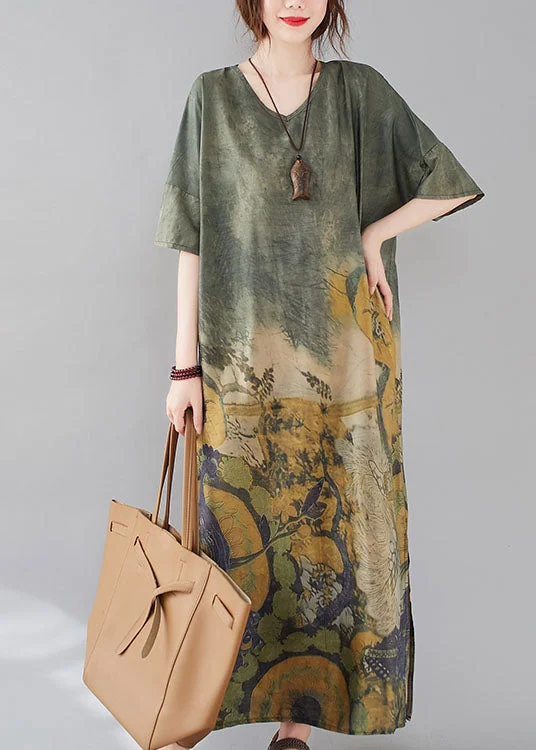 Stylish Peacock Green V Neck Side Open Print Maxi Dresses Short Sleeve Trendy Maxi Dress with Straps