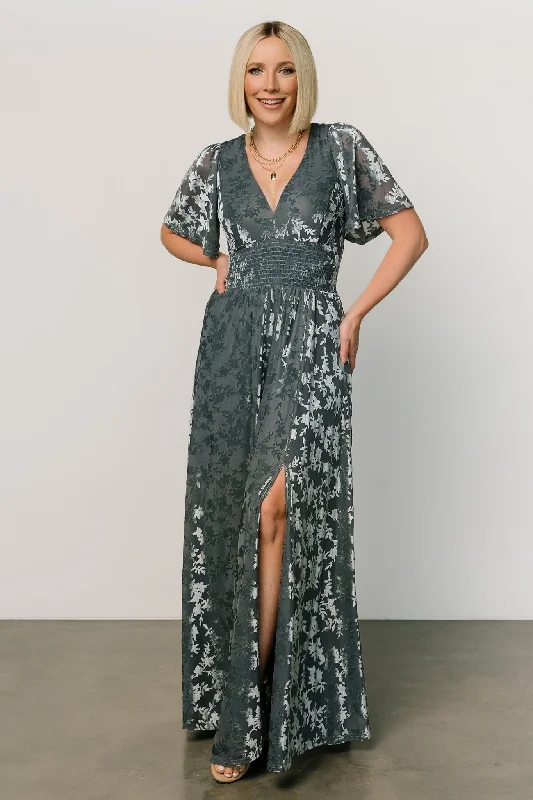 Veronica Velvet Maxi Dress | Slate Blue Elegant Boho Maxi Dress