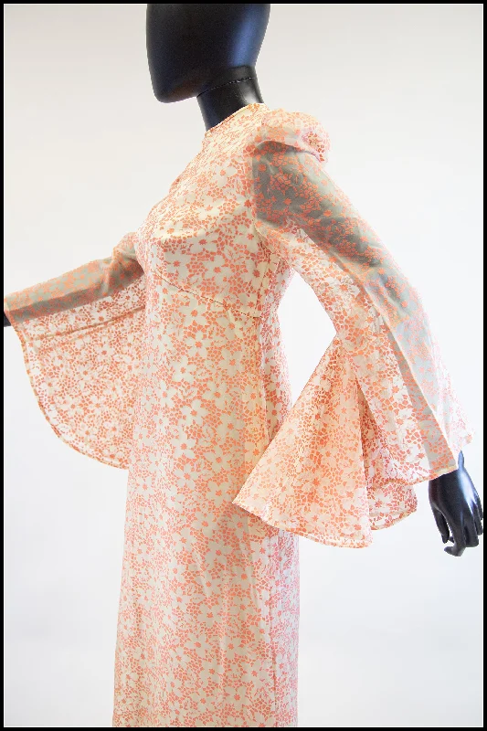 Vintage 1970s Peach Devore Maxi Dress Fashionable Maxi Dress with Fringe