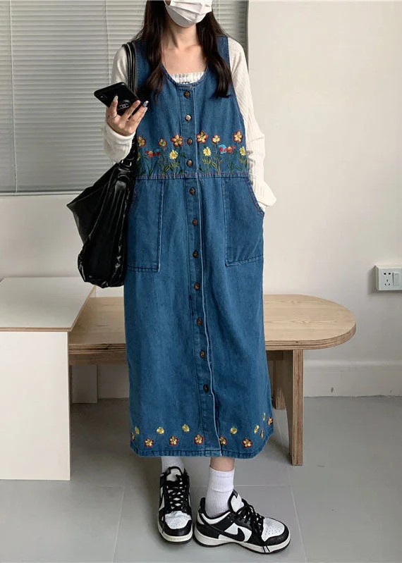 Vintage Black Slash Neck Embroidered Patchwork Button Denim Maxi Dress Sleeveless Fashionable Sleeveless Maxi Dress