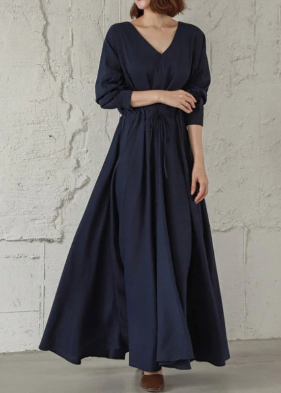 Vintage Navy Cinched V Neck Cinched Cotton Maxi Dresses Fall Comfortable Maxi Dress with Belt