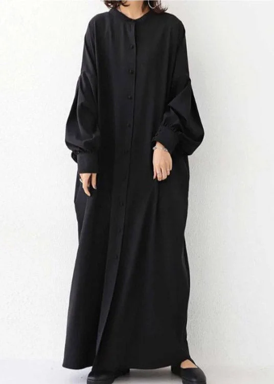 Vogue Black O-Neck Button Maxi Dress Long Sleeve Trendy Fit-and-Flare Maxi Dress