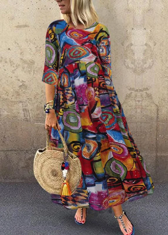 Women Retro Graffiti Print Round Neck Pleated Casual Maxi Dresses Trendy Maxi Dress with Bow