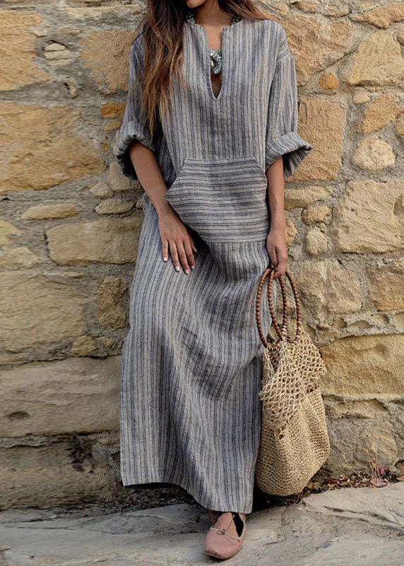 Women Striped V Neck Long Sleeve Casual Loose Maxi Dress Trendy Floral Print Maxi Dress